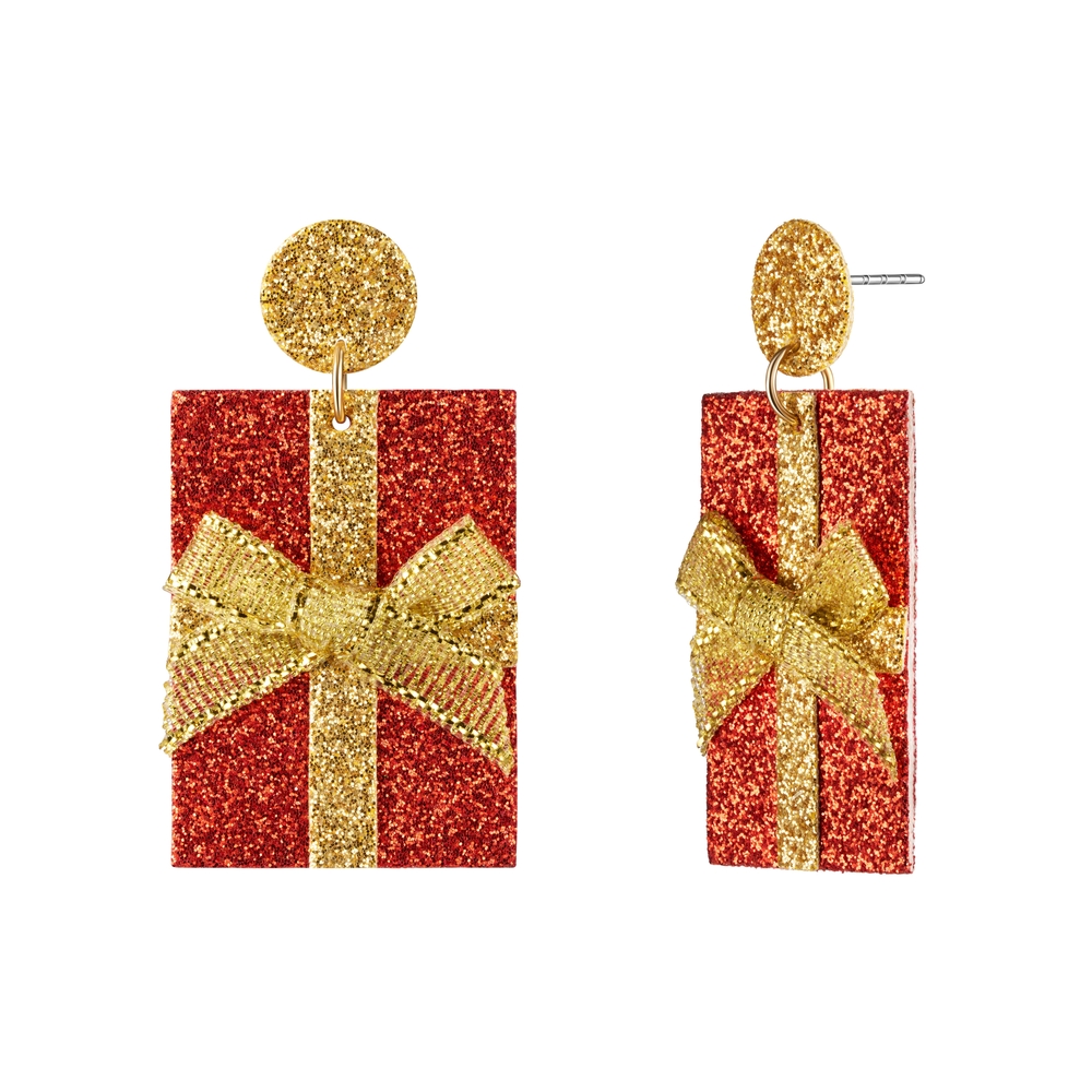 Gold and Red Gift Box Long Drop Earrings